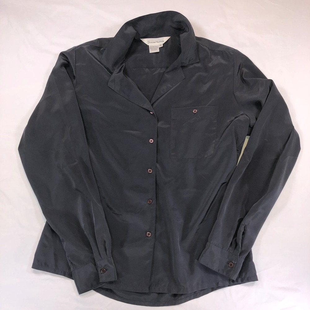 Vintage Susan Hutton Charcoal Gray Button Down Blouse Long Sleeve Pocket Size 10